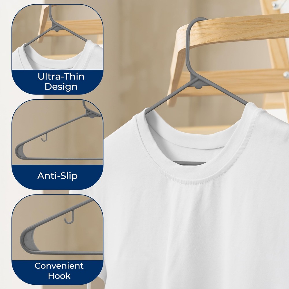 SereneLife 50 Pack Plastic Hangers (Gray)