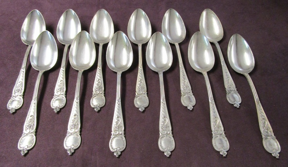 GEROFABRIEK 12 Large Table Spoons Dutch Silverplate C1925 Rococo Style OH Monos