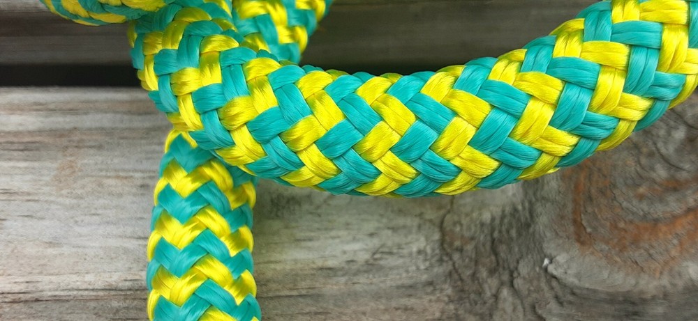 9/16 x 50 ft. Double Braid-Yacht Braid Polyester Rope. Turquoise/Yellow