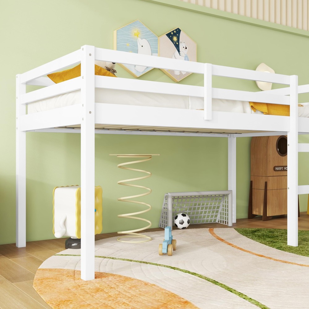 ANDORON Low Loft Bed Twin Size, Kids Solid Wood without desk, White
