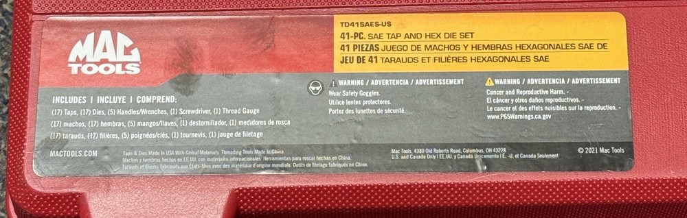 MAC Tools TD41SAES-US 41-PC. SAE Tap and Hex Die Set