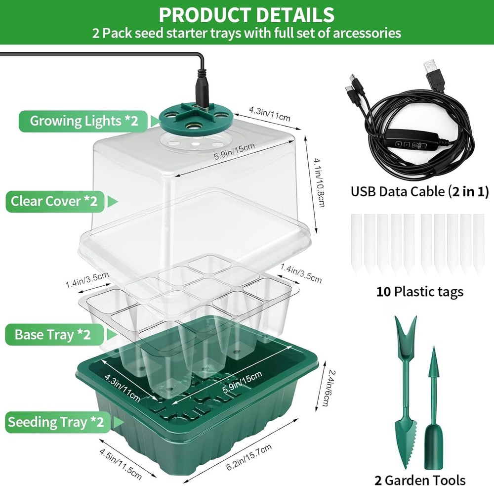 Seed Starter Tray with Plant Light, 2 Pack Grow Lights for Seed Starting Kit wit