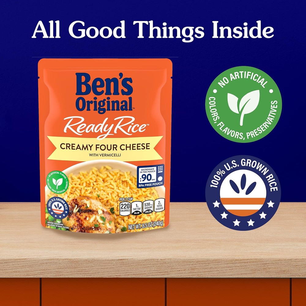 Ready Rice Creamy Four Cheese Flavored Rice, Easy Dinner Side, 8.5 Oz Pouch (Pac