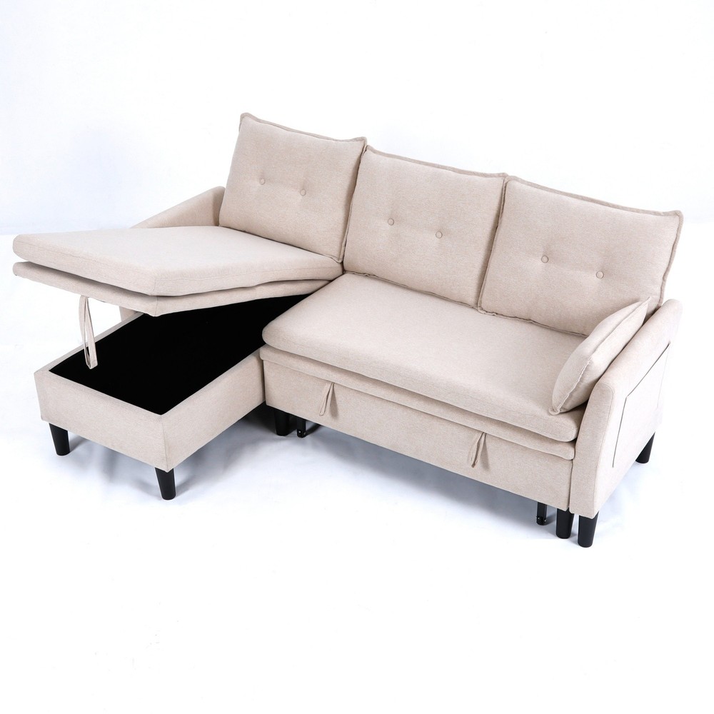 Modern L-Shaped Cotton-Linen Sectional Sleeper Sofa with Pull Out Bed & Storage