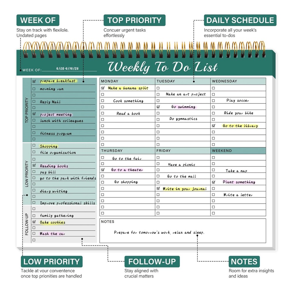 Weekly To Do List Notepad with 52 Undated Sheets（8.5"×11"）- W