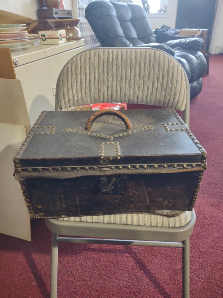 1820s Pre War Boston Robert Burr BLACK LEATHER w BRASS STUDS TRUNK Document BOX
