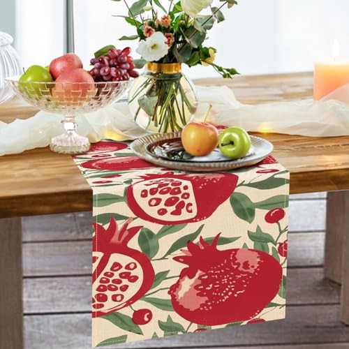 Red Pomegranate Pattern Dining Table Runner, Fruit Green Leaves Burlap Kitchen