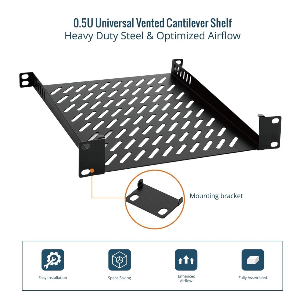 Tecmojo 0.5U Rack Mount Shelf for 10" Server Rack, 10.23" Deep 0.5U, Black