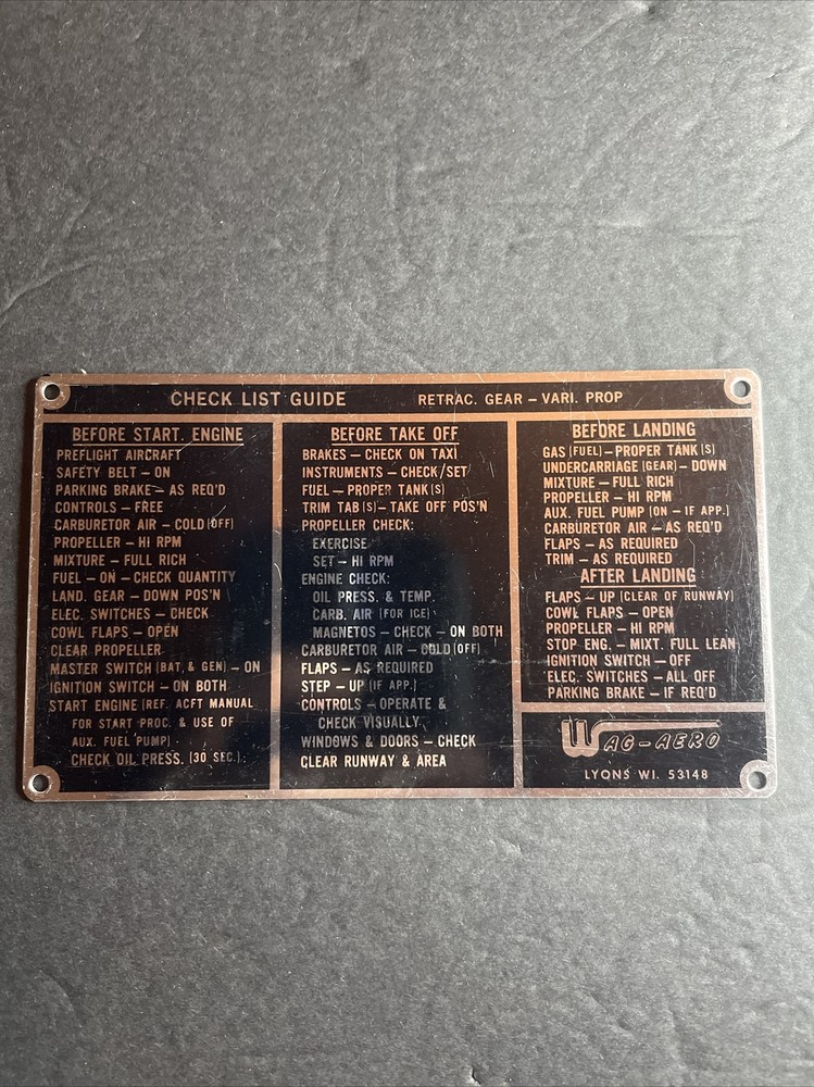 Wag-Aero Flight chest list guide, data plate