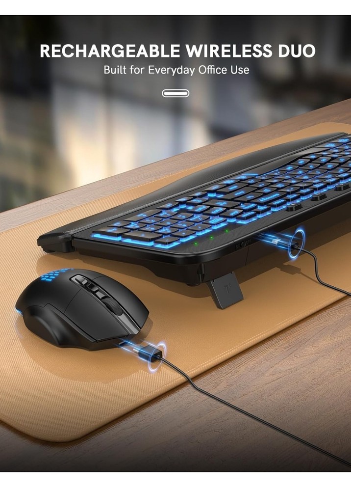 Ergonomic Wireless Keyboard and Mouse Combo - Wave Backlit Keyboard with Soft...