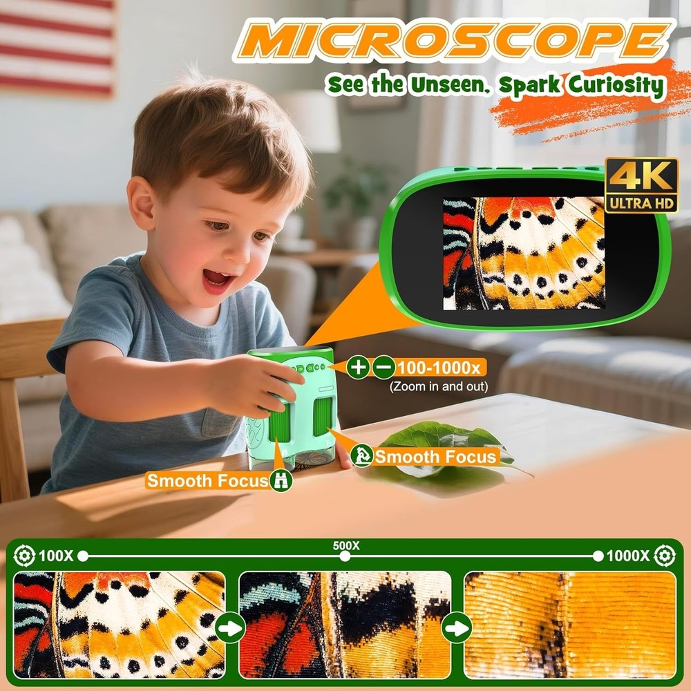 1000X Handheld Microscope for Kids, Temodu 4K 2.0" Screen Educational Science Ki