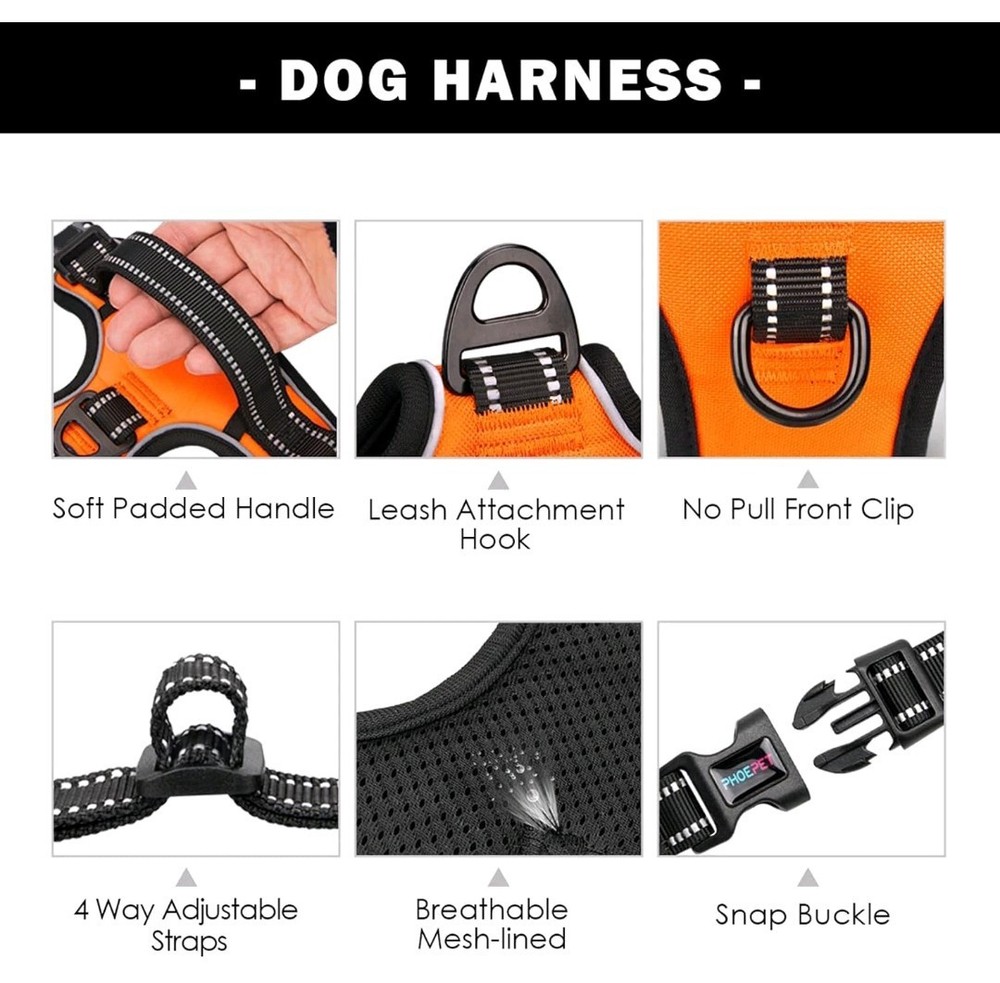 PHOEPET Upgraded No Pull Dog Harness Reflective Adjustable Vest Medium Orange