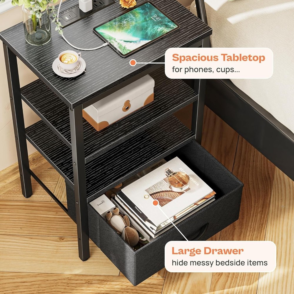 Nightstand with Charging Station, Bed Side Table with Adjustable Fabric Drawe...