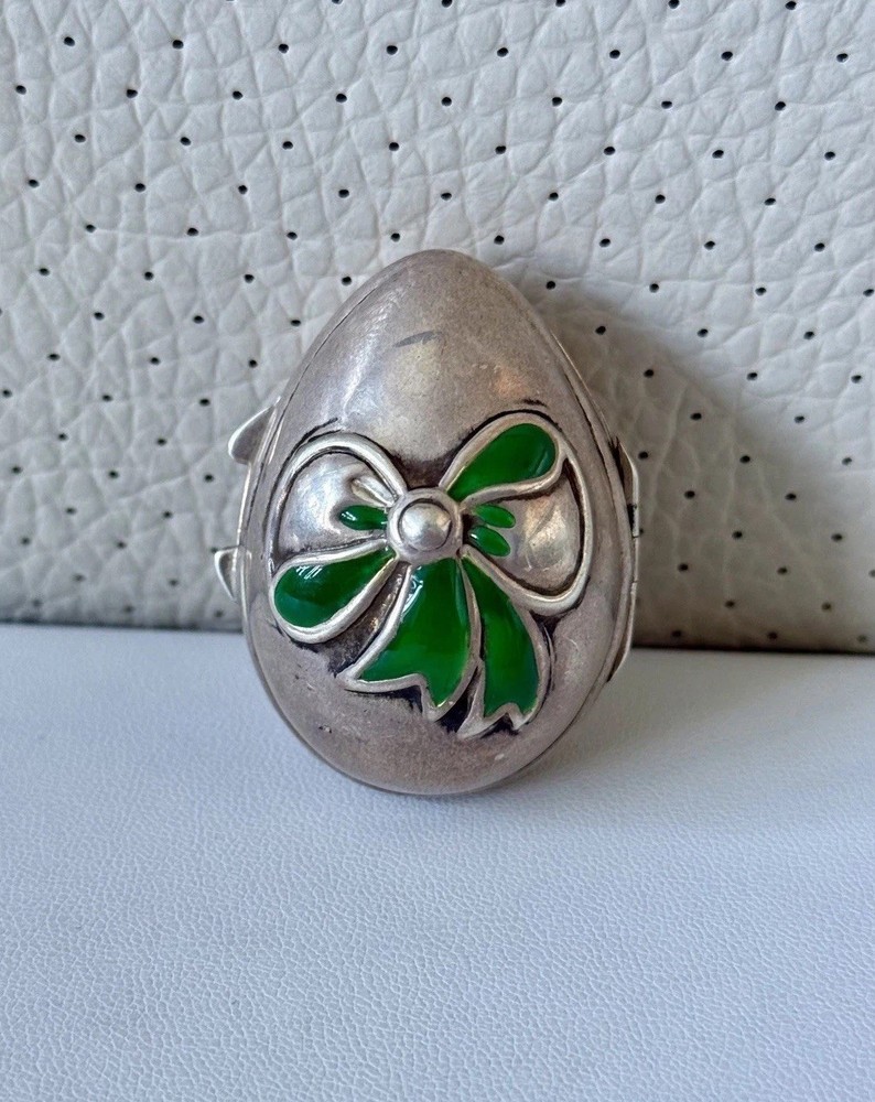 Vintage Solid Sterling Silver 925 Green Enamel Hinged Egg Shape Trinket Box/Pot