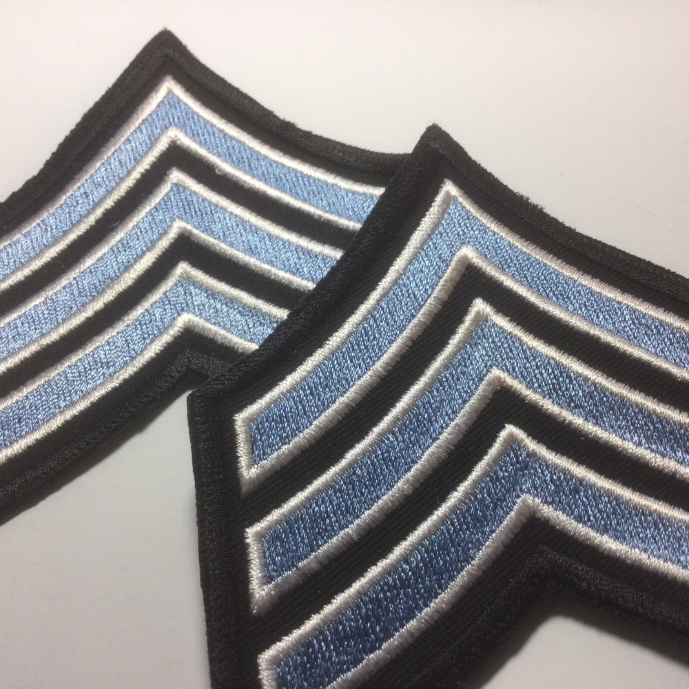 (2) Sergeant Chevron - 3 White / Light Blue Stripes on Black Patch - 3.5" Wide