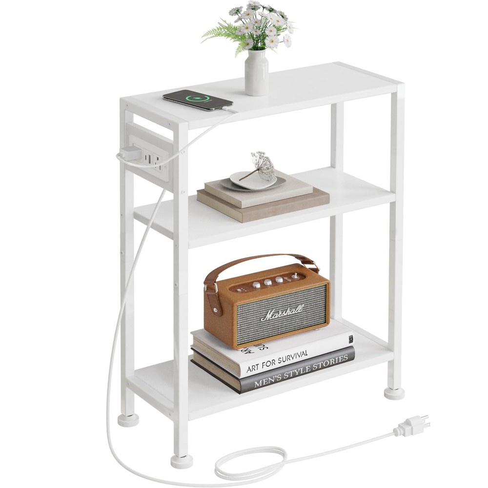 End Table Charging Station 3-Tier Side Table USB Type C 2 Outlets White