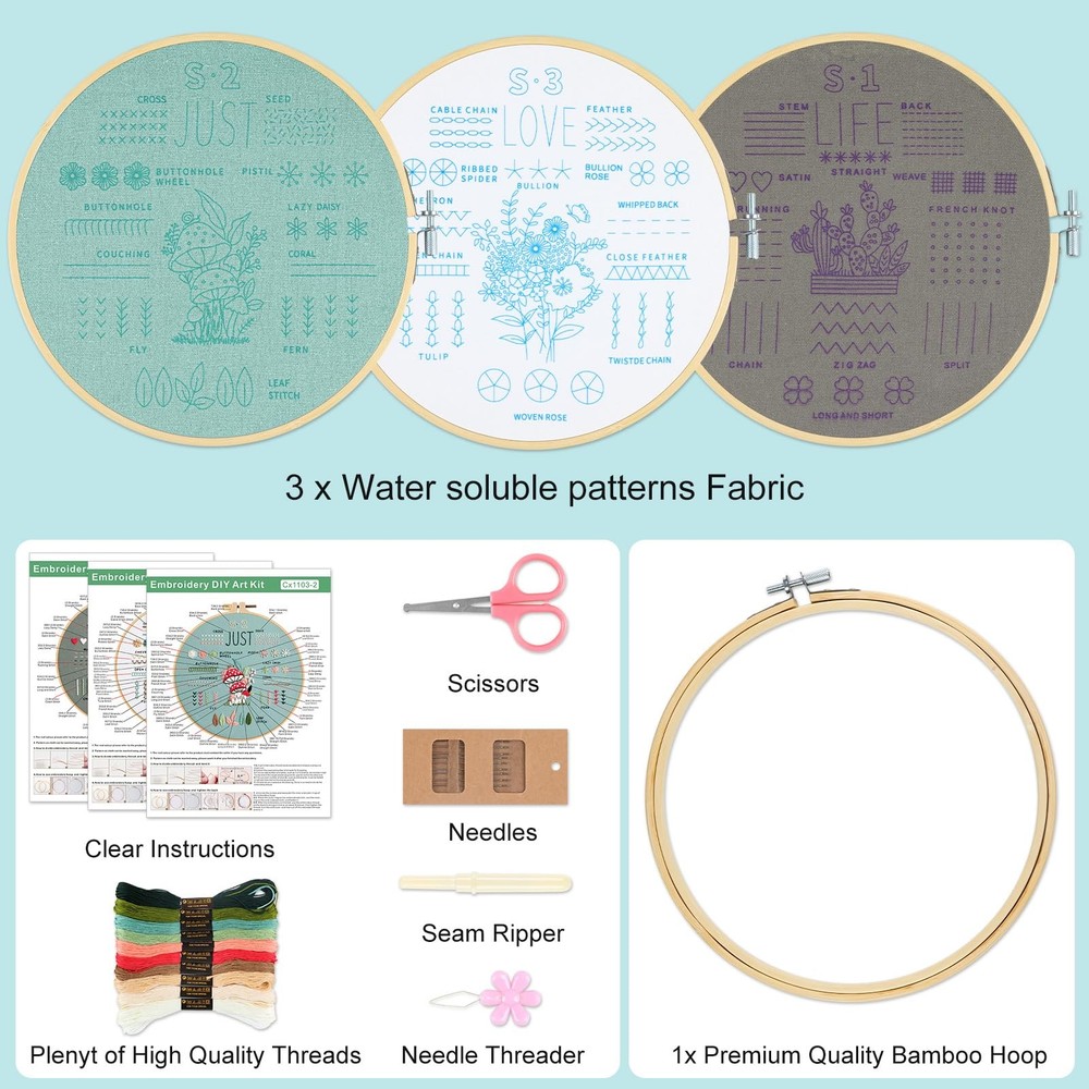KintKita 3 Sets Embroidery Kit for Beginners to Learn 36 Basic Beginner