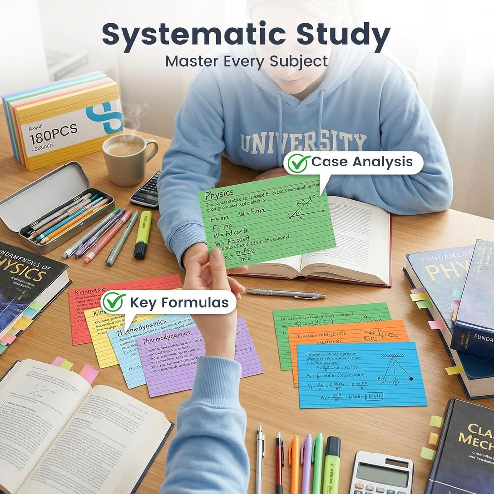 180PCS 5x8 Inch Colored Index Cards, Lined Flash Cards for Studying & Notes