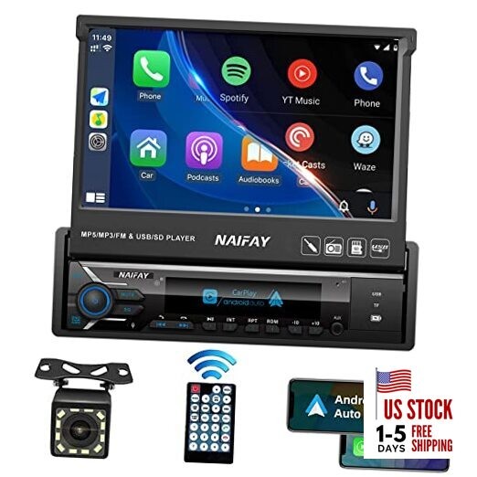 Single Din Touchscreen Car Stereo with Carplay & Android Auto, 7inch Flip Out