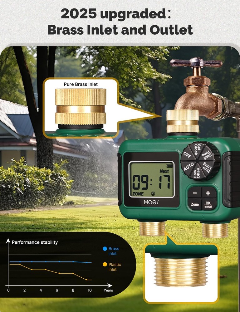 MOES 2Zone Brass Programmable Irrigation Timer with Rain Delay for Garden Hose