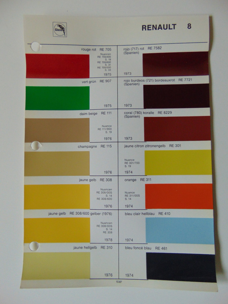 Original Glasurit Renault Paint Chips Sheet - 1973-1978