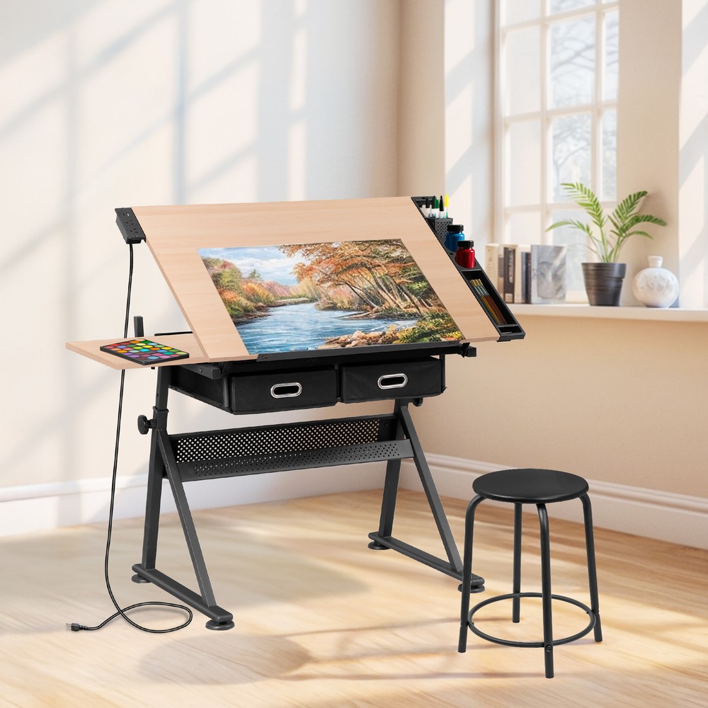 Adjustable Drafting Table Tilting Wooden Drawing Desk w/Charging Station & Stool