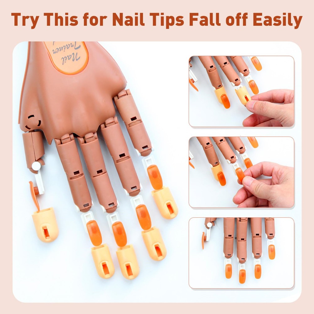 Nail Training Hand Mannequin with 100 Fake Nail Tips, Adjustable Practice Hand