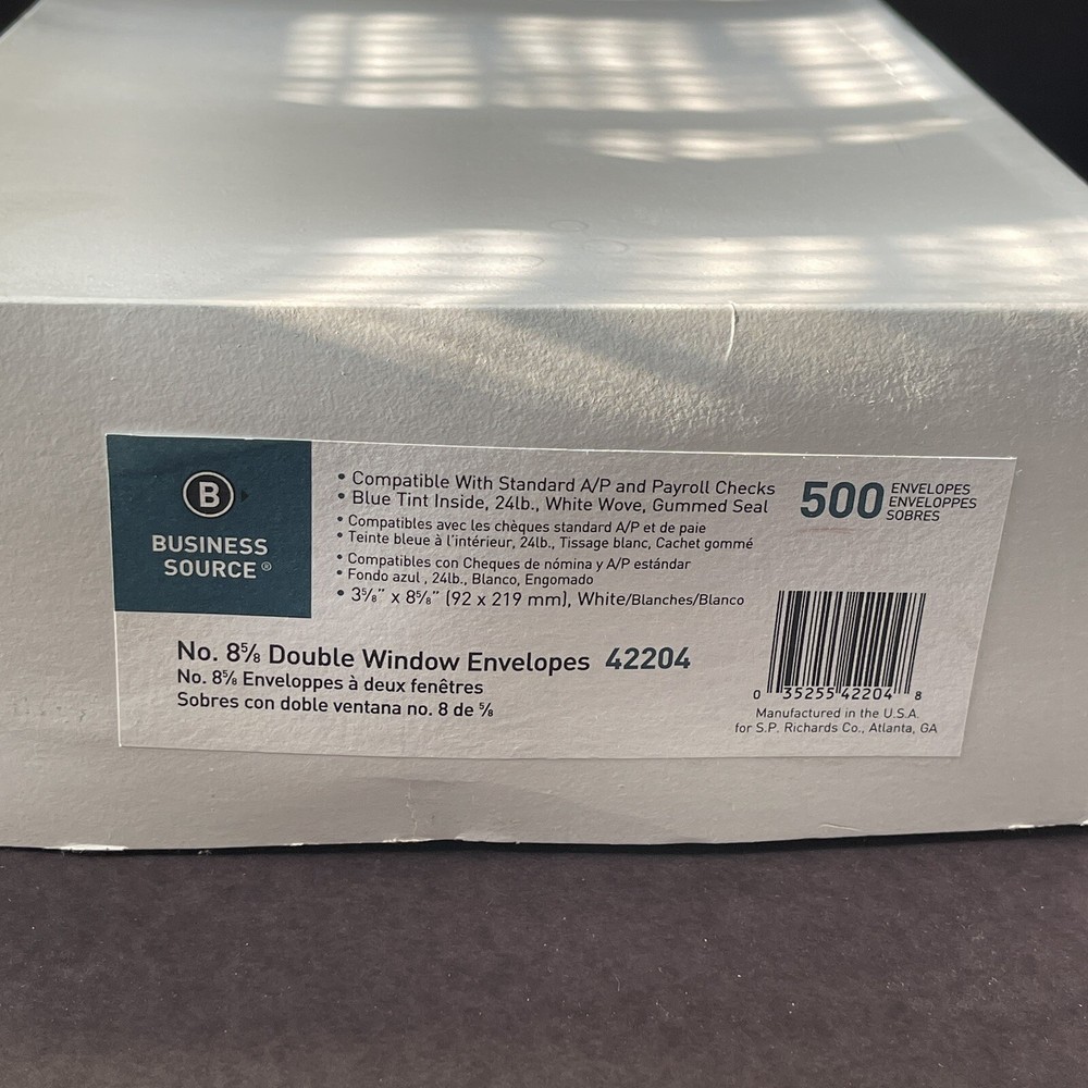 50 Business Source White Security Tint Double Window Envelope #8 Payroll A/P USA