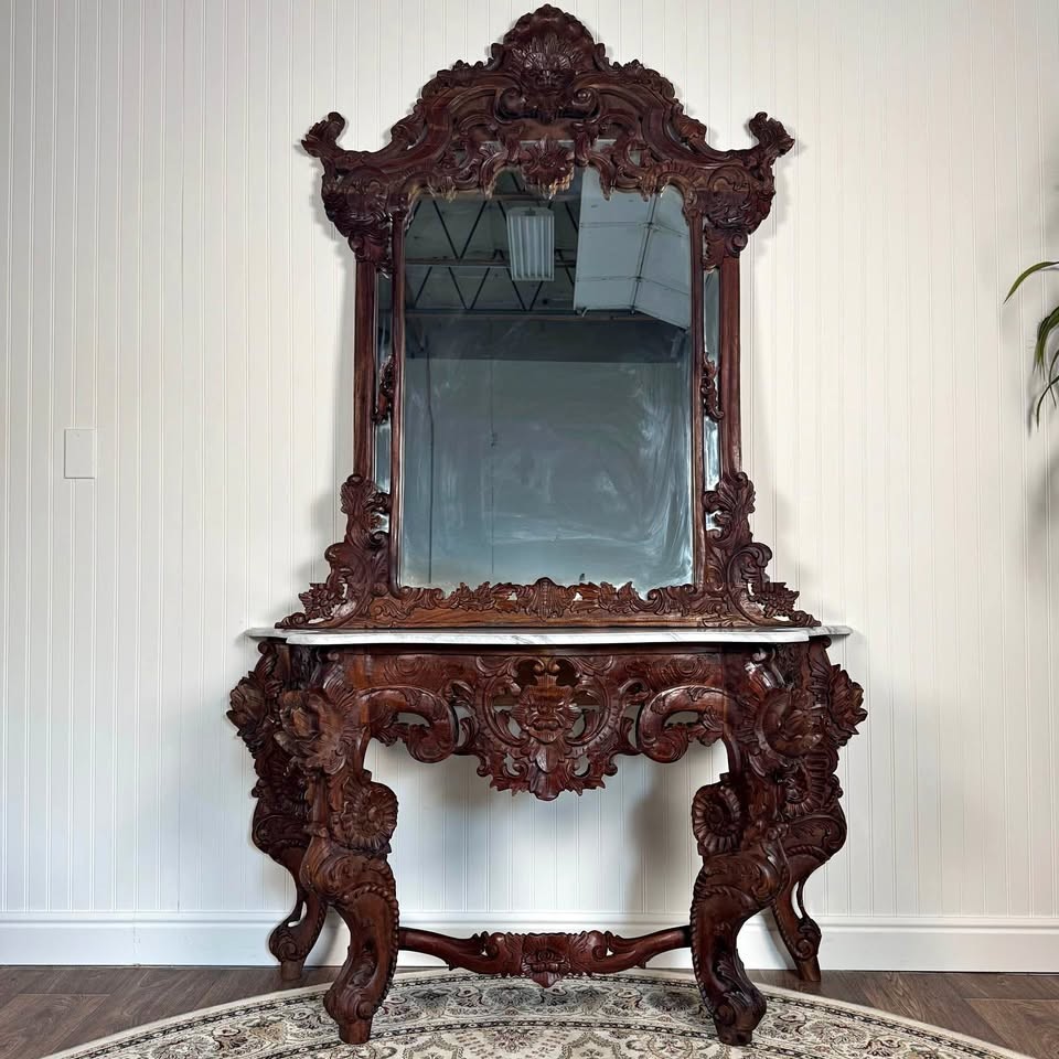 Vintage Hand-Carved Rococo Revival Marble Console & Mirror Set