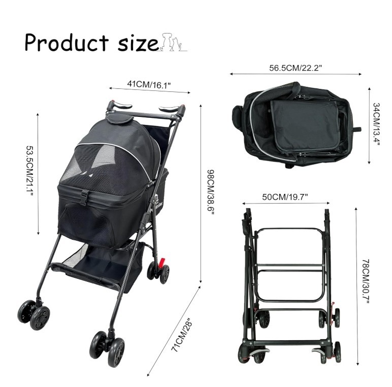 Foldable Pet Stroller Dog Cat Carrier Mesh Canopy Rain Cover Storage