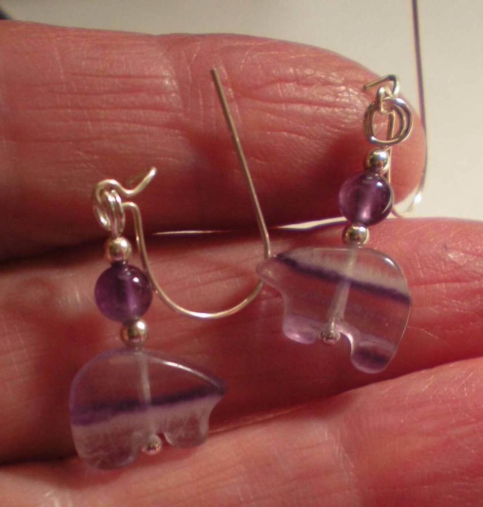 Fluorite Bear Totem with Amethyst Earrings e156