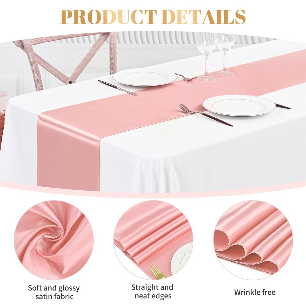 24 Pack Satin Table Runner Rose Gold12×72 Inch Bright Smooth Silk Table Runne...