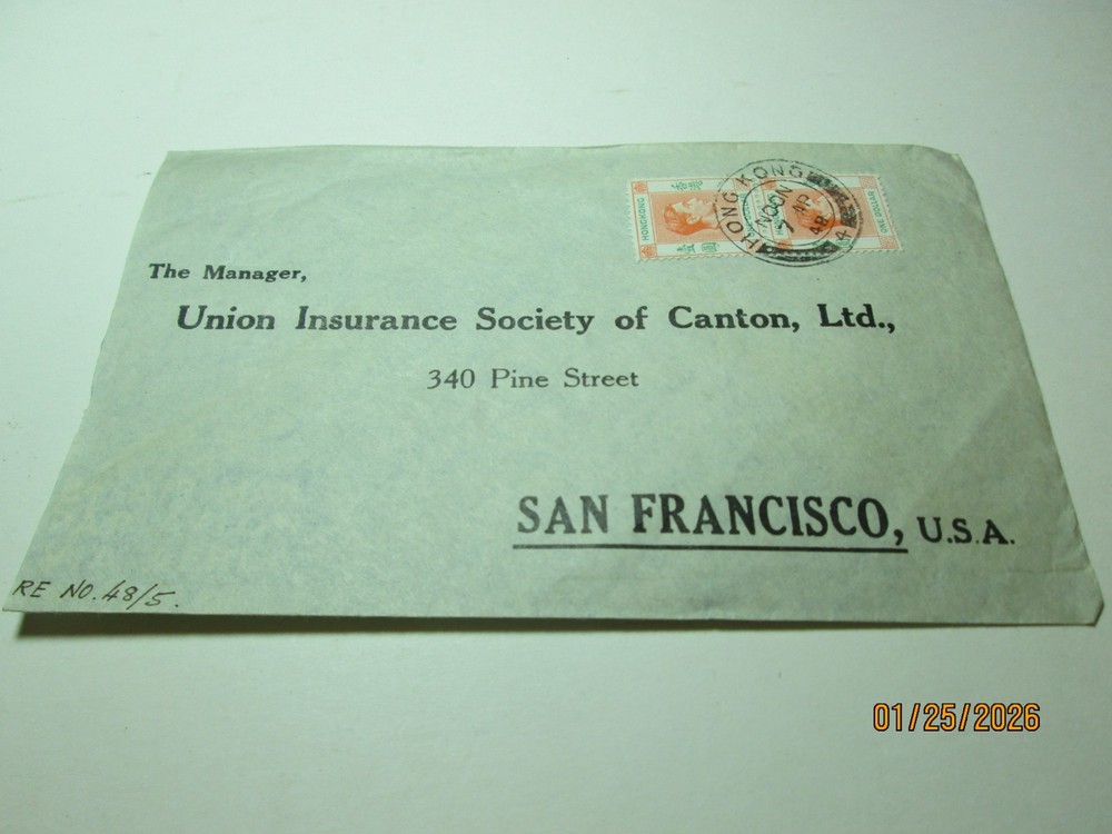 1948 HONG KONG, POST MARKED ENVELOPE.