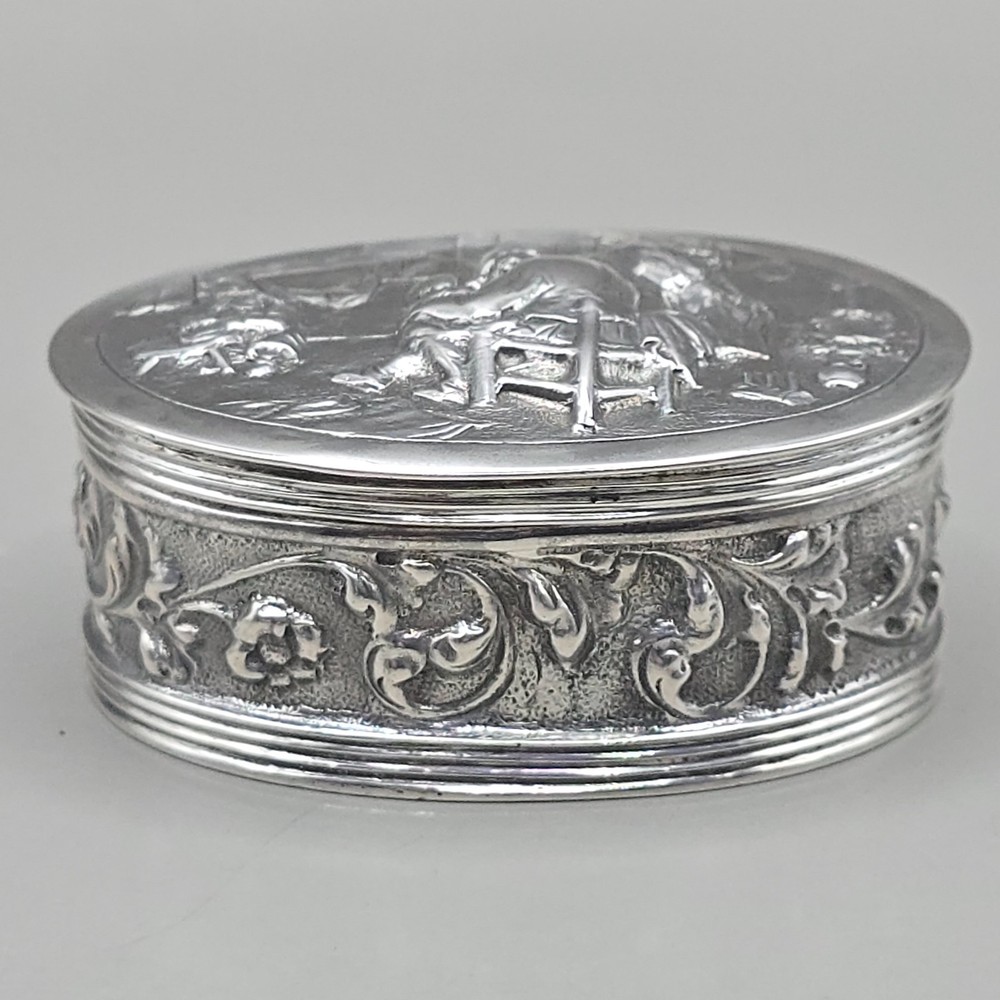 Antique Dutch Silver Snuff Box with Figural Domestic Scene