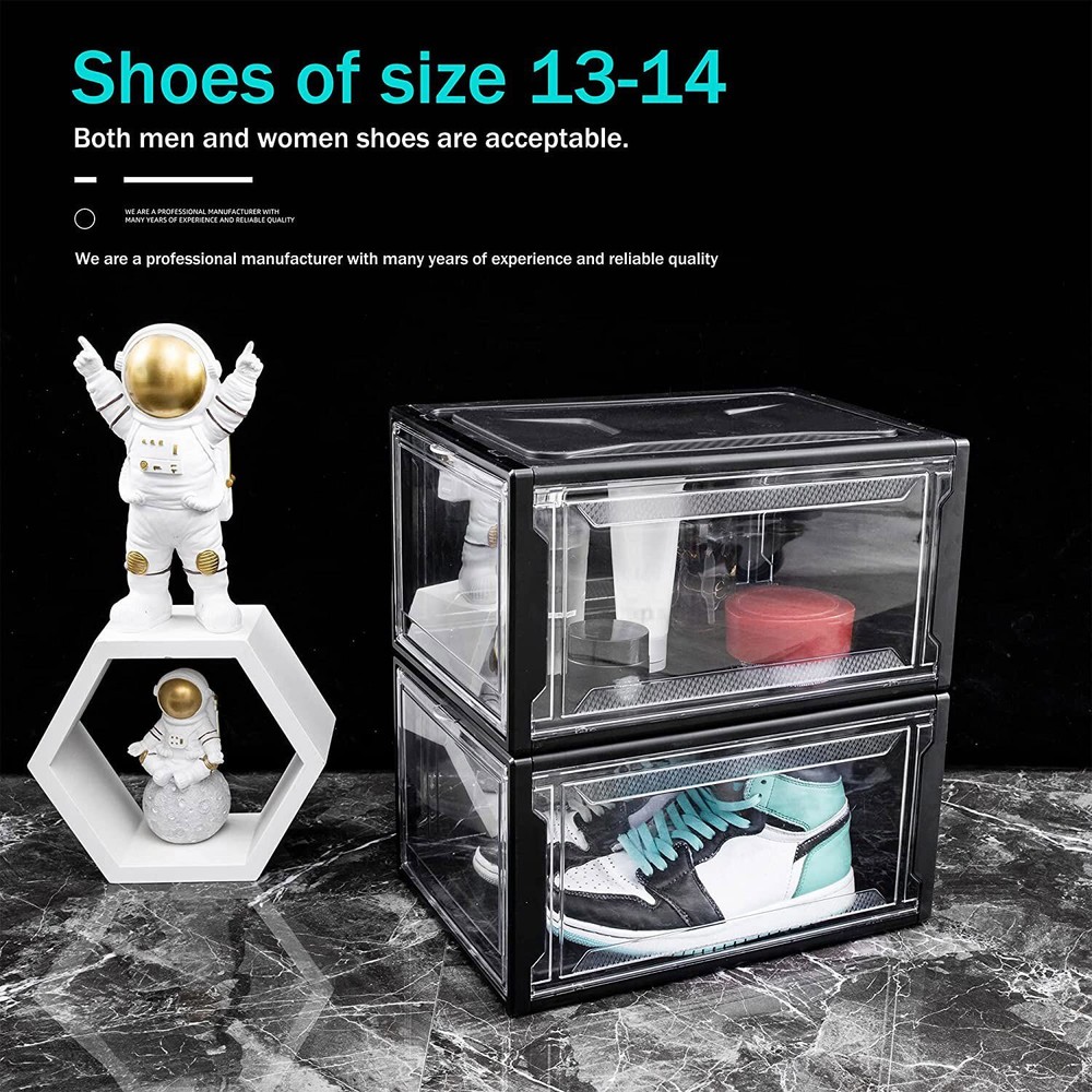 3Pack Magnetic Drop Front Shoe Box Clear Plastic Stackable Storage Bins Large