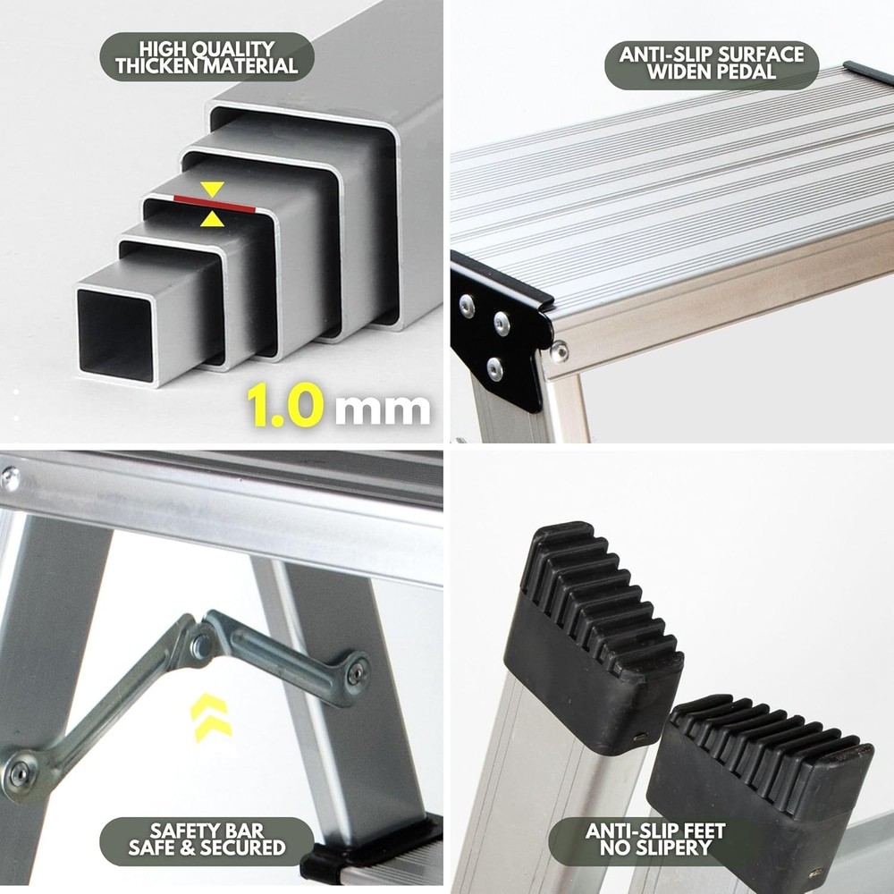 2 Step Ladder, Aluminum Folding Portable Small Kitchen Silver