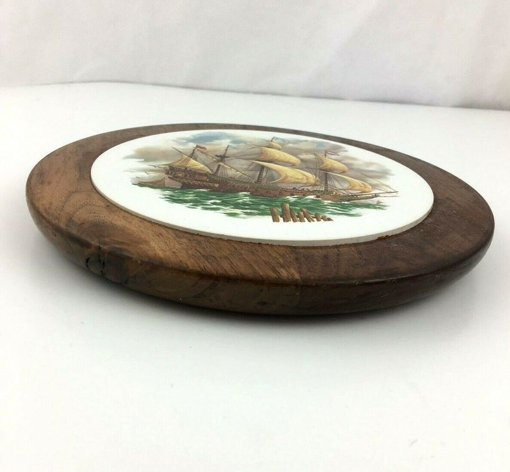 Wood Framed Ceramic Ship Sailing Boat Trivet