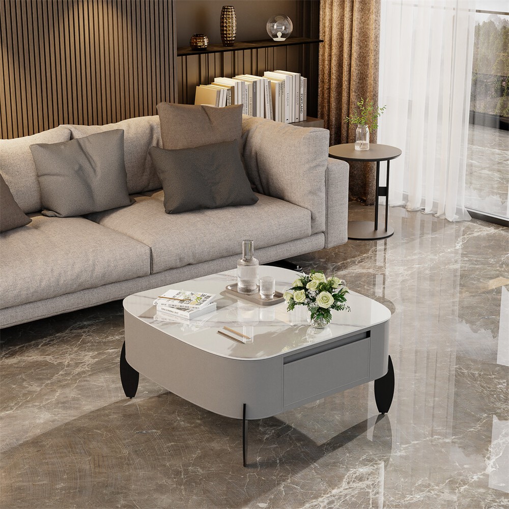 Square Marble Coffee Table Microfiber Saddle Leather Center Table with 2 Drawers