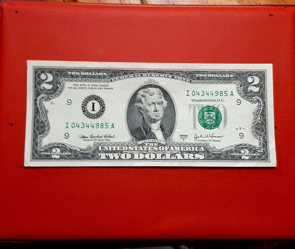 2003 A $2 shift error green seal & serial number shifted far down