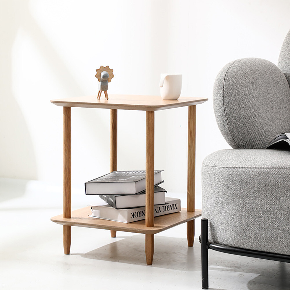 Solid Wood Side Table 2-Tier Small End Table w/ Storage Shelf Narrow Nightstand