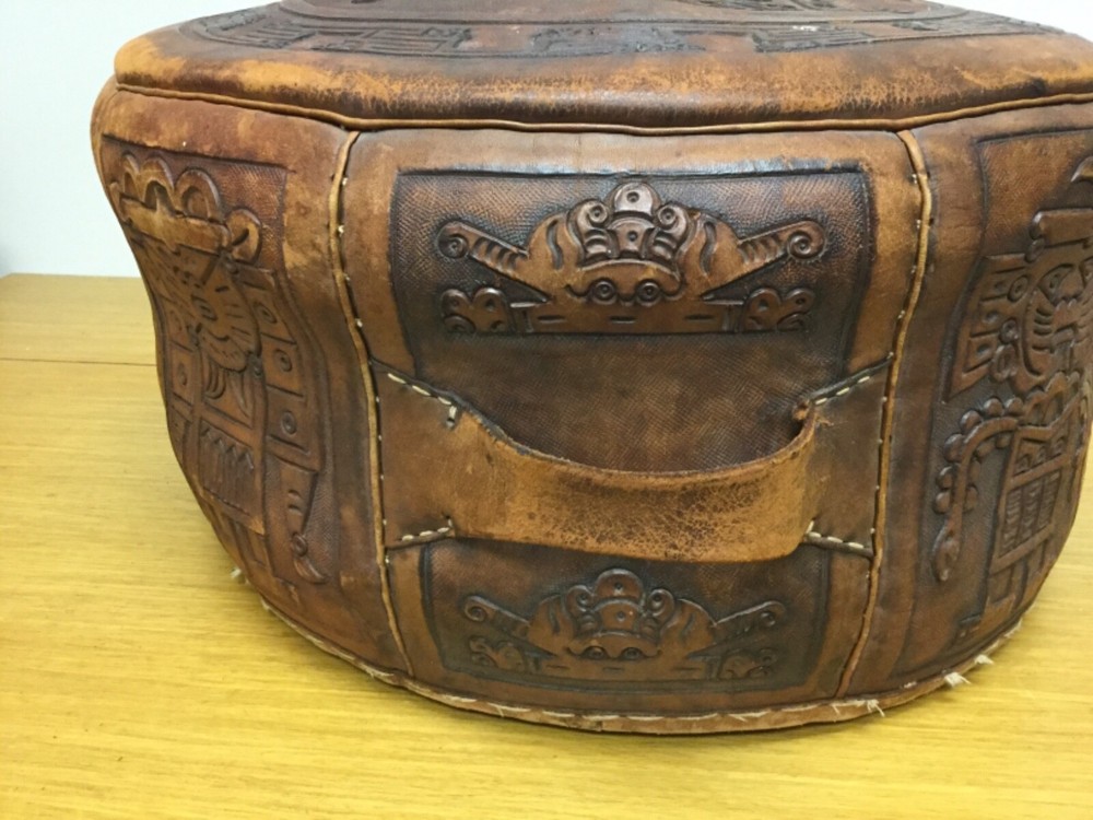 VIntage PERUVIAN Leather Round 21” Dia. Footstool w/Handle