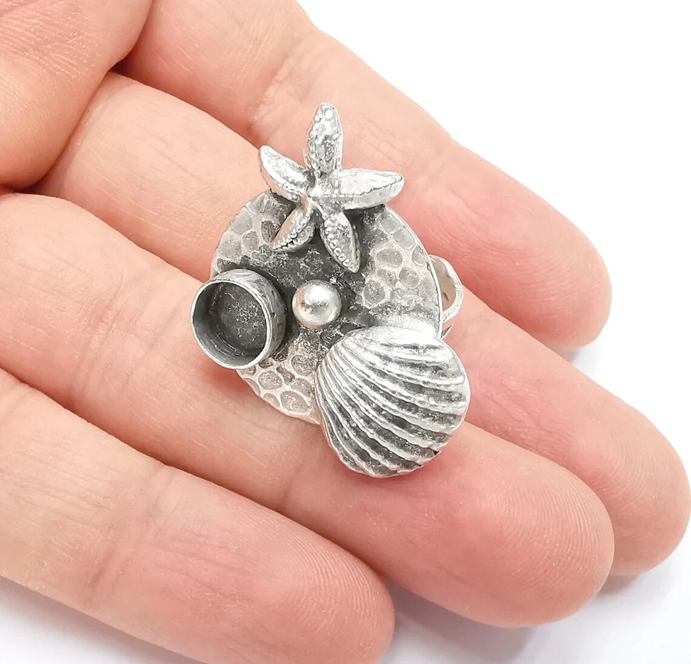 Starfish Seashell Ball Disc Blank Ring Setting Cabochon Mounting Silver Ring