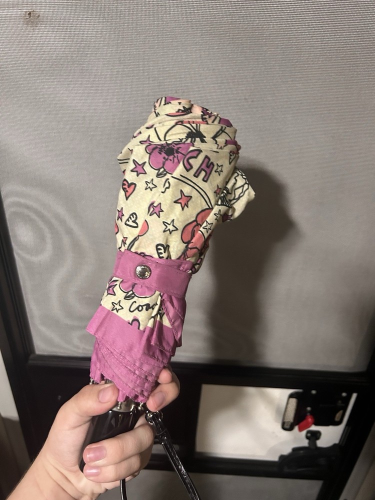 Coach Compact Folding Women's Umbrella Pink Beige Floral Pattern Button Accent