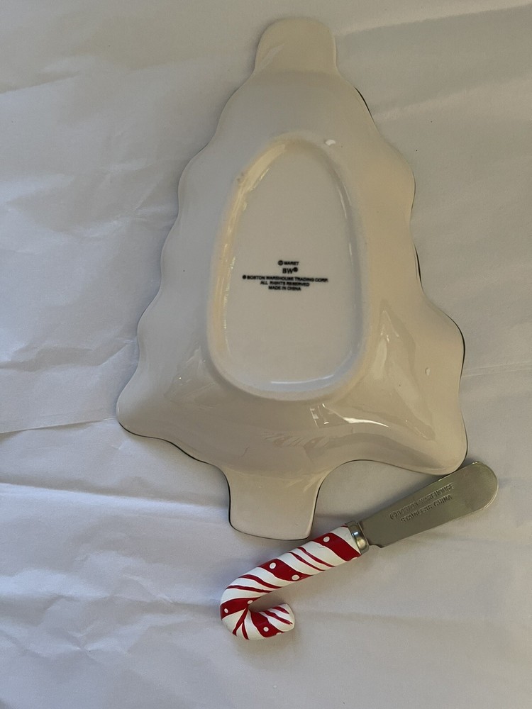 Boston Warehouse Dip Bowl & Spreader Set Candy Canes Christmas Tree