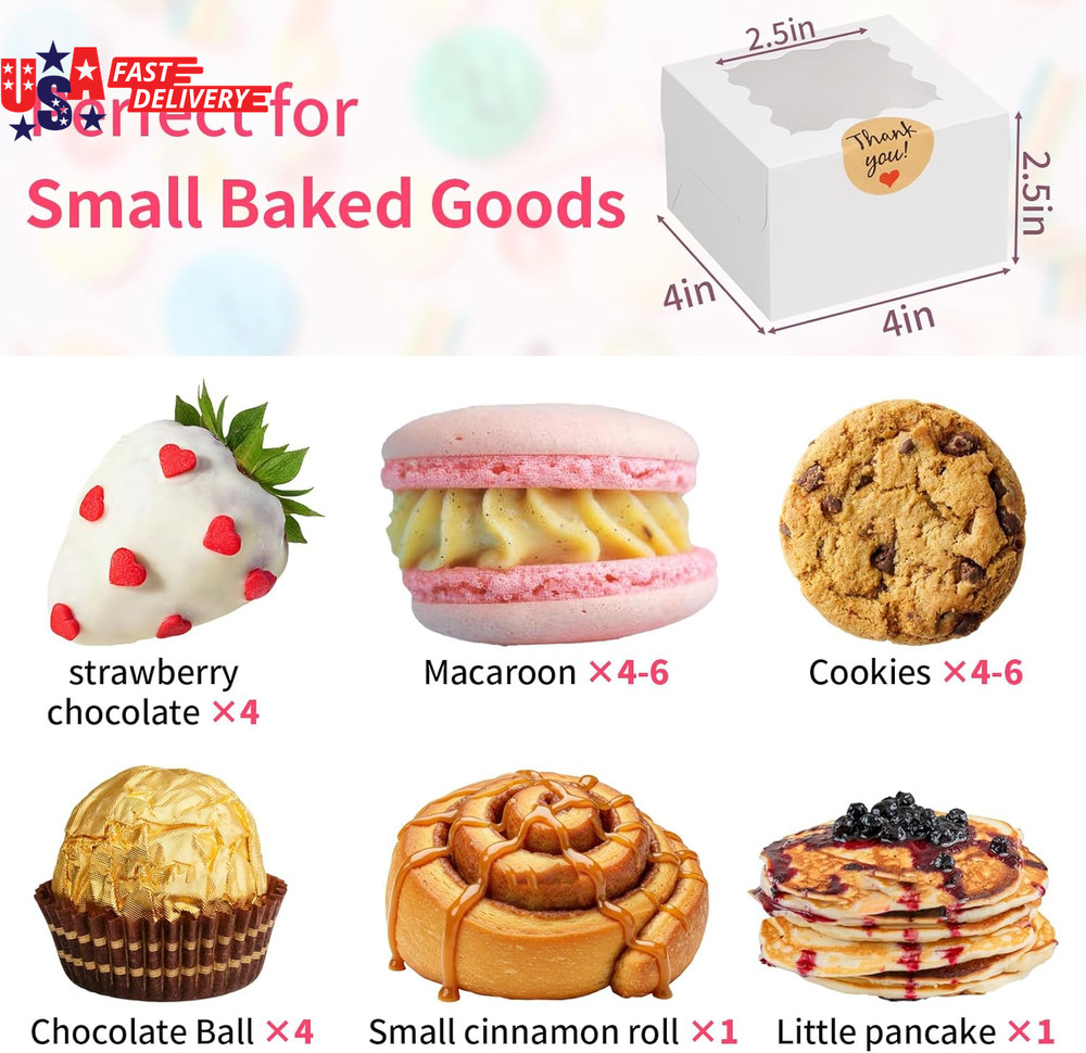 24Pcs White Cookie Boxes, 4X4X2.5 Inches Bakery Boxes with Window, for Mini Cake