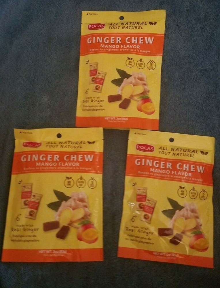 3 PACK POCAS GINGER MANGO FLAVOR CHEW CANDY