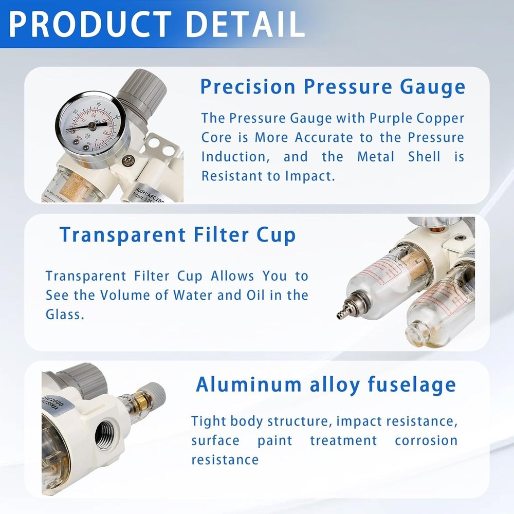 WeiTeng 1/4" NPT Compressed Air Filter Regulator Comb, 5 Micron Brass Filter