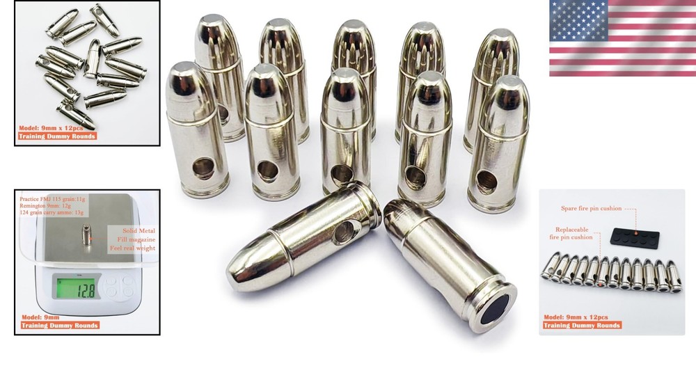 Shiny Silver 9mm Training Rounds - 12 Pack for Classroom and Reloading Exercises