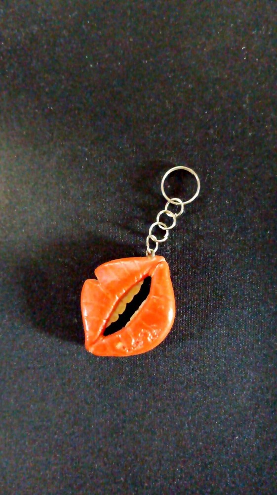 2 Lip Bite Mouth Charms Red Ceramic Keychain