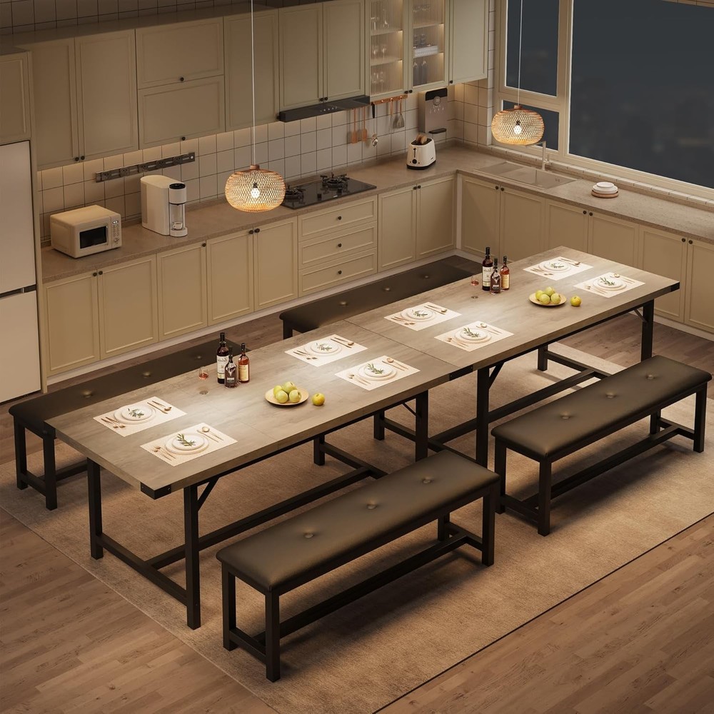 63 in Extendable Dining Table Set for 4-6 People 3-Piece Kitchen Table Set Gray